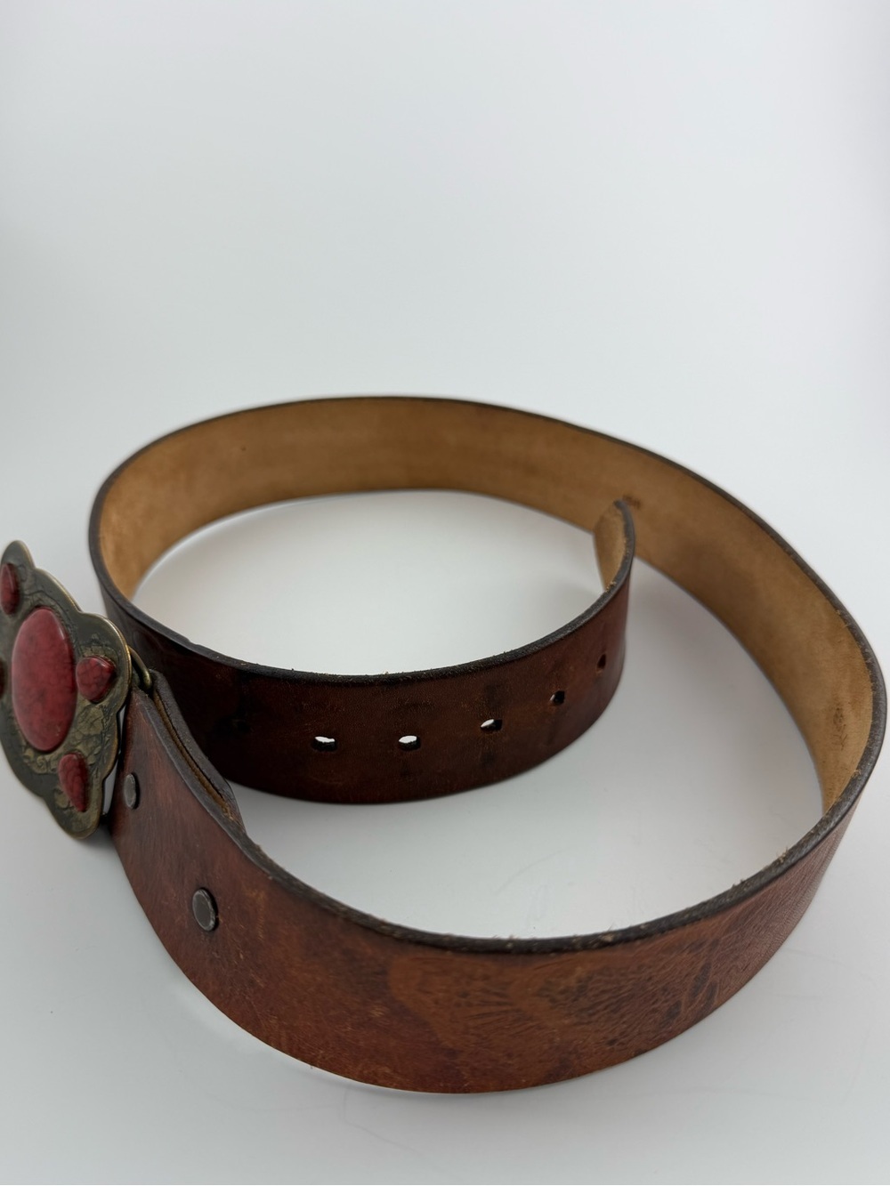 SOLD Hand Stained Latitan Leather Butterfly Belt with Red Stone Buckle Size 32 - Picture 7 of 8